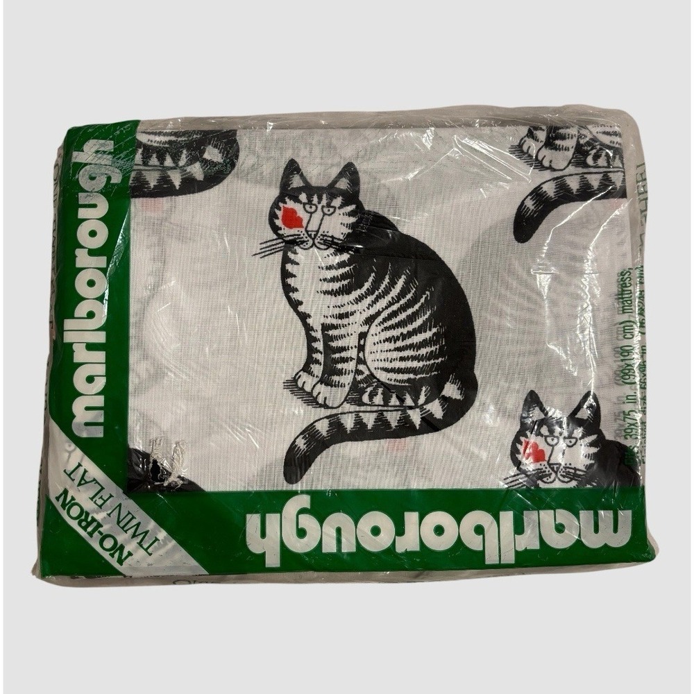 Vintage Marlborough Kilban Cat One Twin Size Flat Sheet Heart Kiss Striped Cat